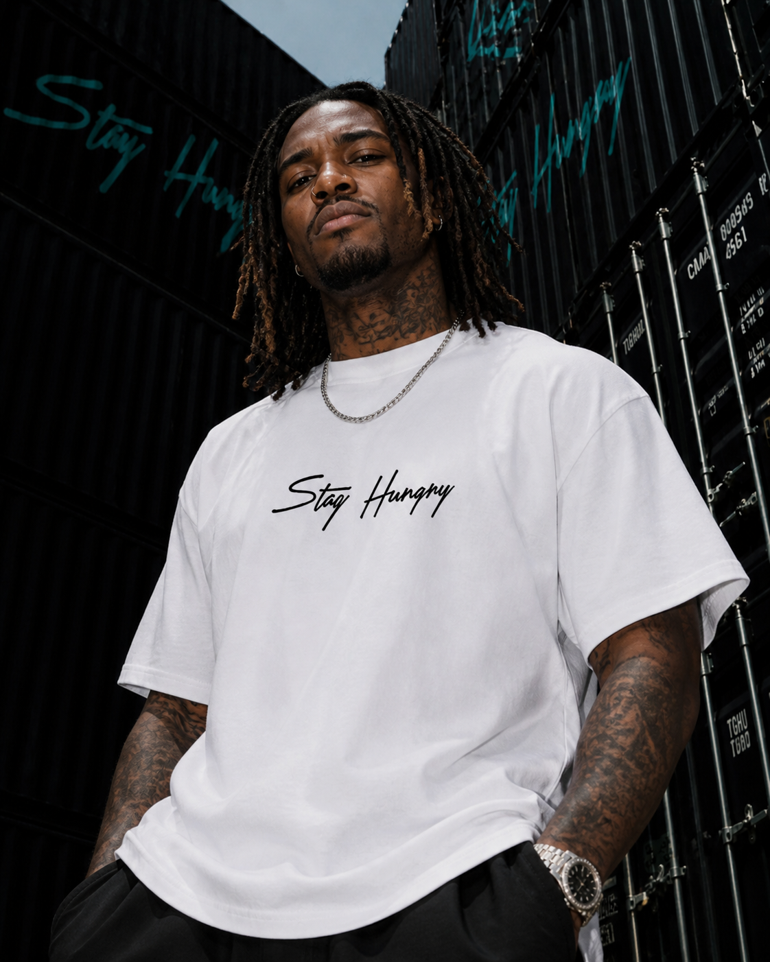 Man in an oversized white Stay Hungry tee standing between black shipping containers