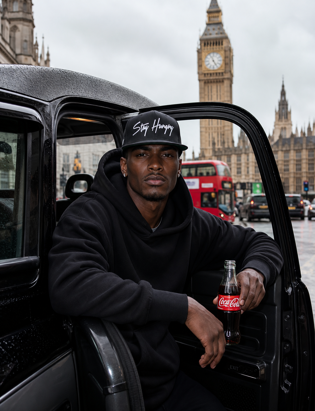 Man in a black Stay Hungry cap stepping out of a taxi in front of Big Ben