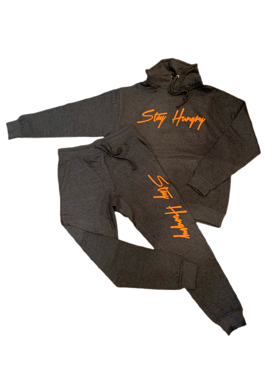 Grey Stay Hungry Sweatsuit with Neon Orange design