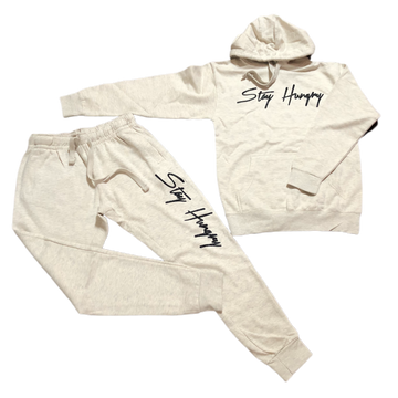 Oatmeal Creme with black Stay Hungry sweatsuit
