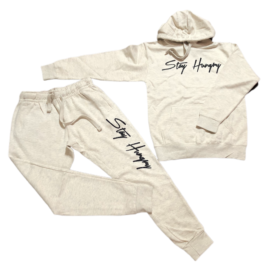 Oatmeal Creme with black Stay Hungry sweatsuit