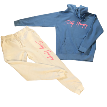 Stay Hungry Sweat Suit - Blue an Cream with Pink Design