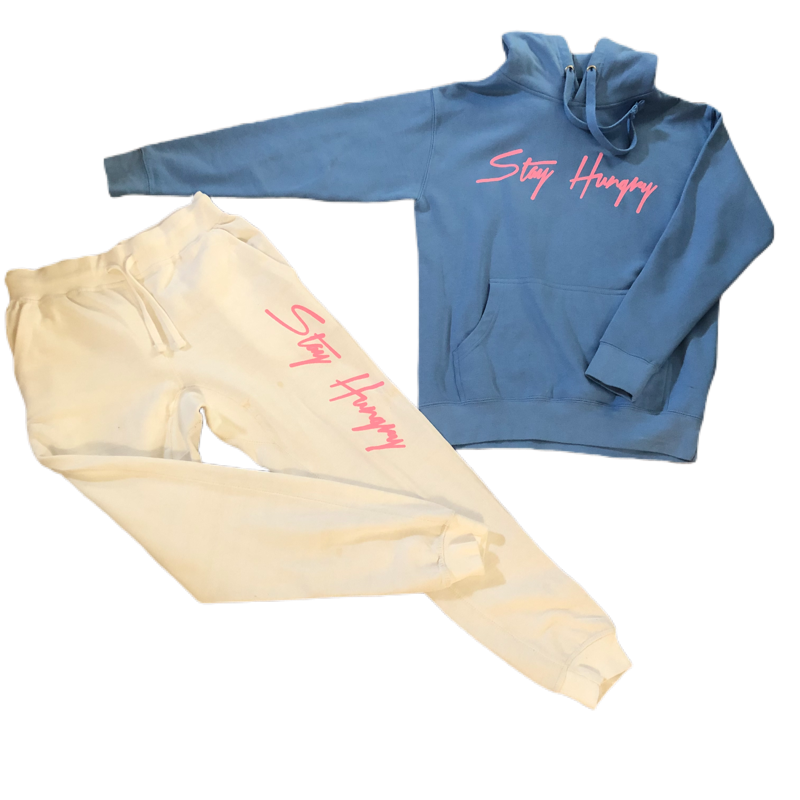 Stay Hungry Sweat Suit - Blue an Cream with Pink Design