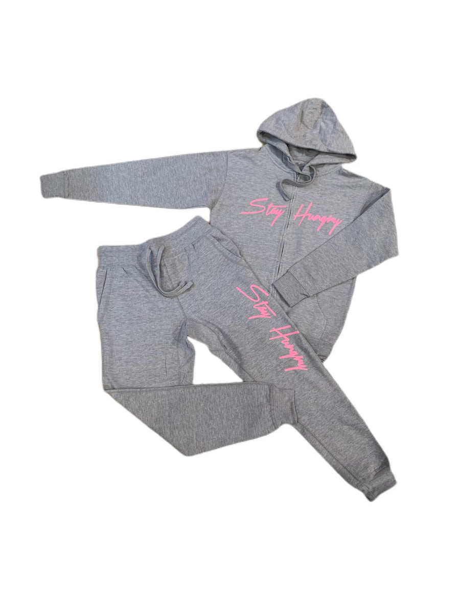 Grey Area Stay Hungry Sweatsuit with Pink