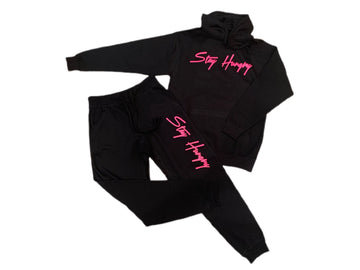 Black Stay Hungry Sweatsuit with Neon Pink