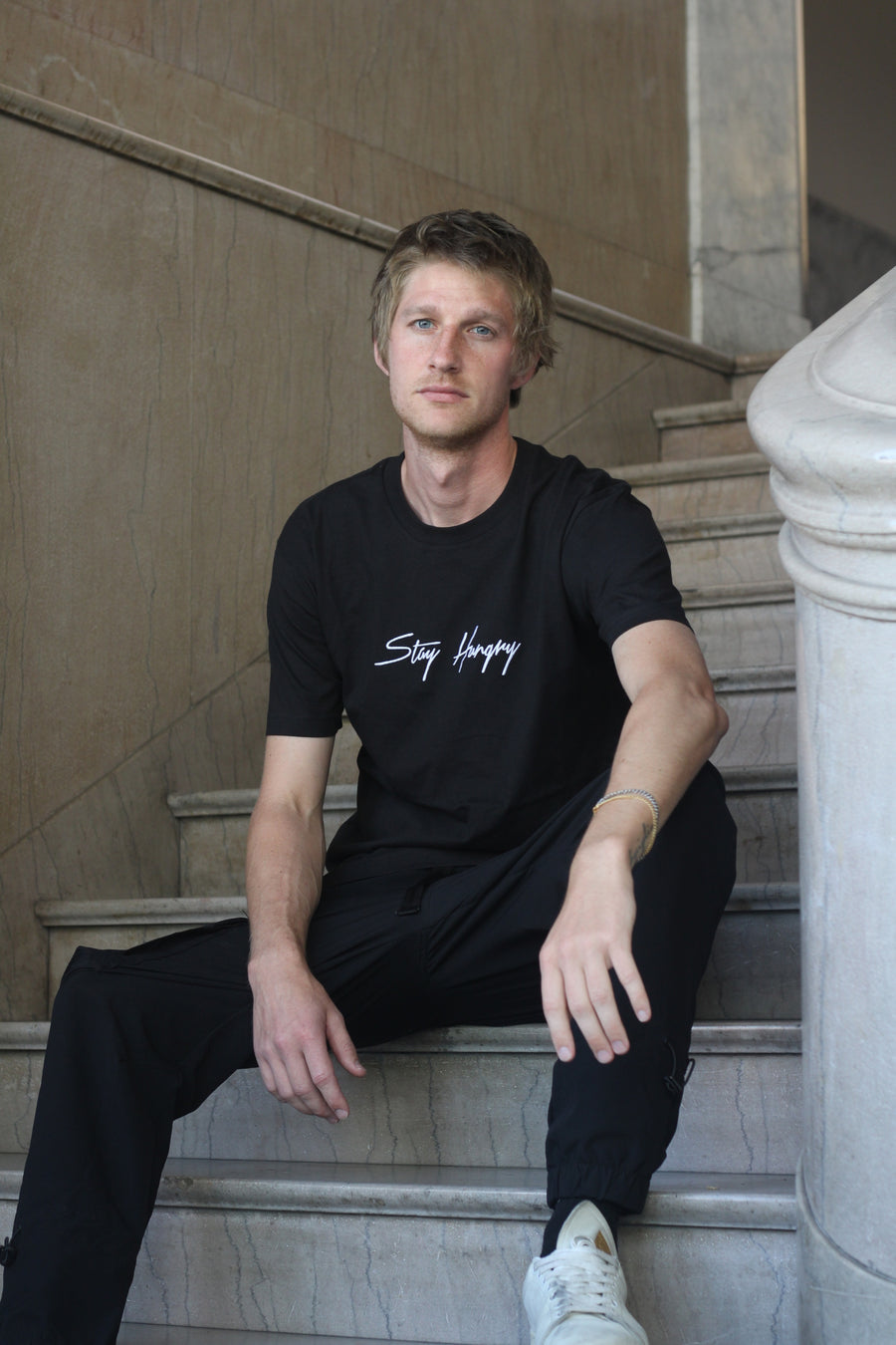 Embroidered Stay Hungry T-shirt (Black)