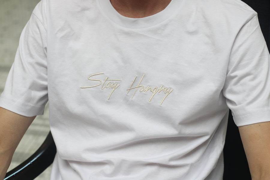 Embroidered Stay Hungry T-shirt (White/Cream)